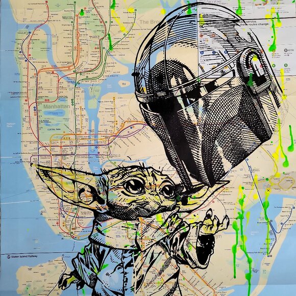 Star Wars Other - Handpainted Star Wars Mandalorian & Baby Yoda Grogu Acrylic paint on NYC Map